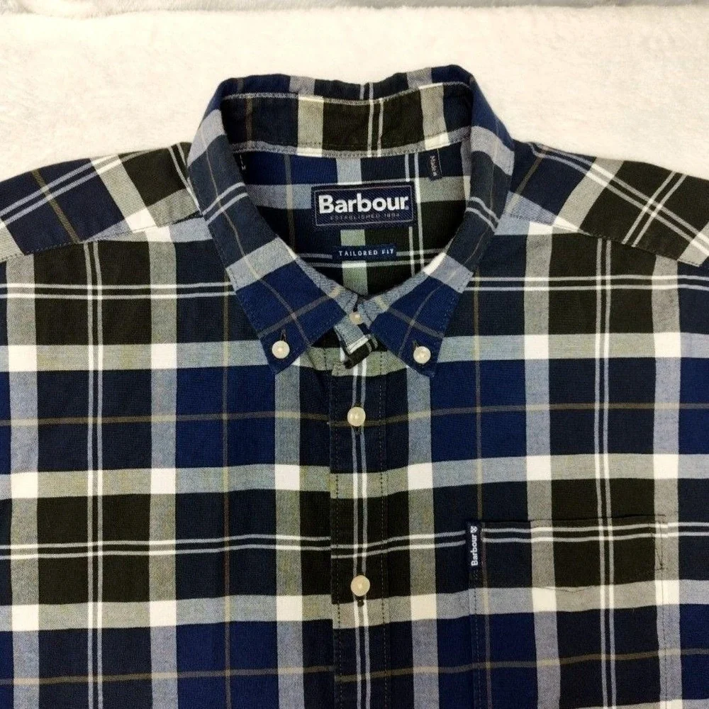 Barbour Shirt Mens Large Blue Tartan Plaid Long Sleeve Button Up Tailored Fit - Picture 3 of 12